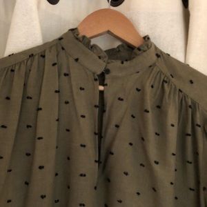 Zara Army green button down with black specks.